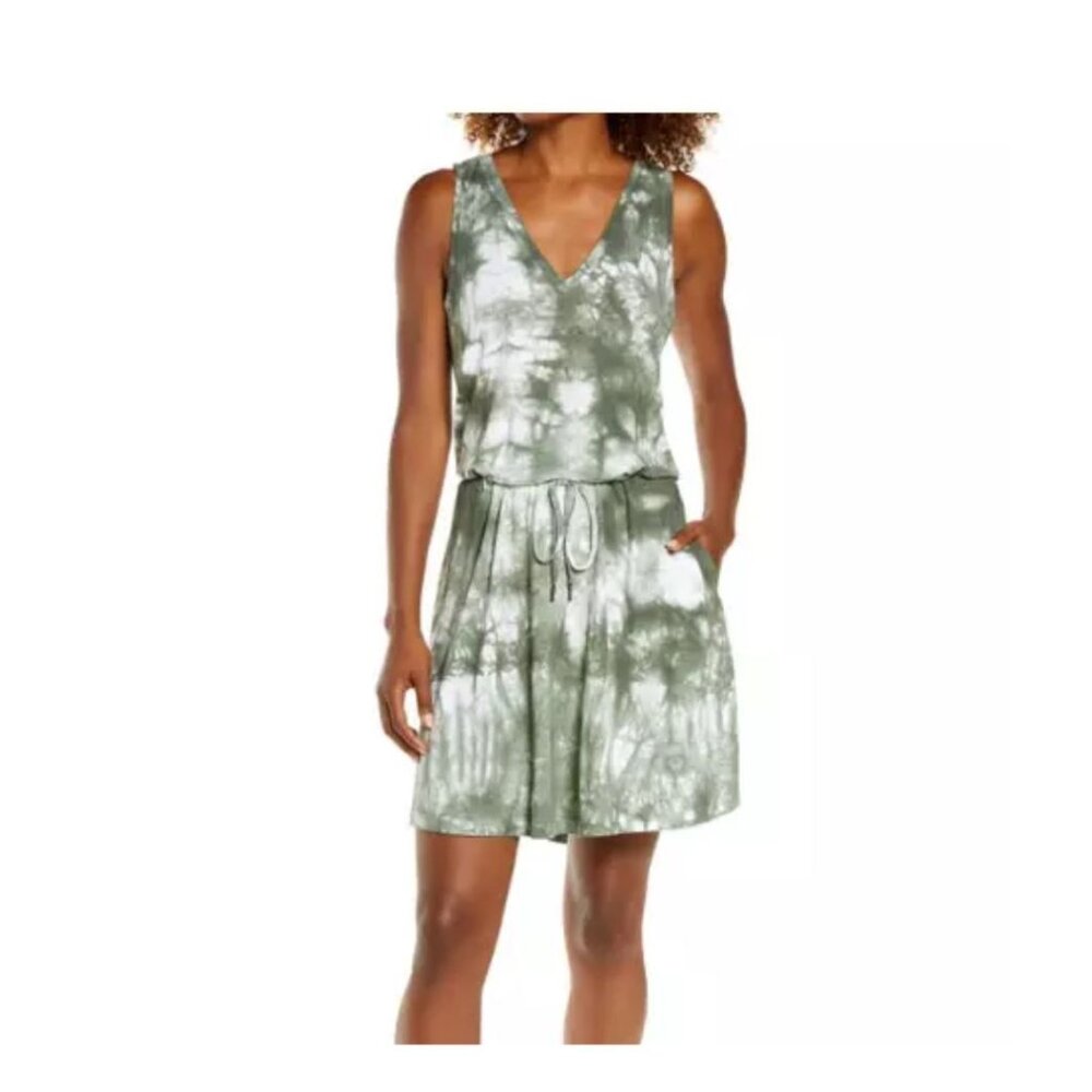 SWEATY BETTY "Take It Easy" Drop Waist Tie Dye Jersey Tank Dress, Hunter/Ivory L